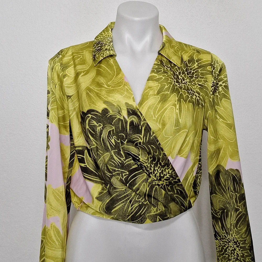 Maison d Amelie Boho Green & Pink *NEW Bohemian Bell Sleeve Hippie Crop Blouse S